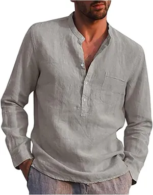Ymosrh Long Sleeve Shirts Men's Casual Cotton Linen Solid Color Shirts Loose Stand Collar Shirts Dress for Men