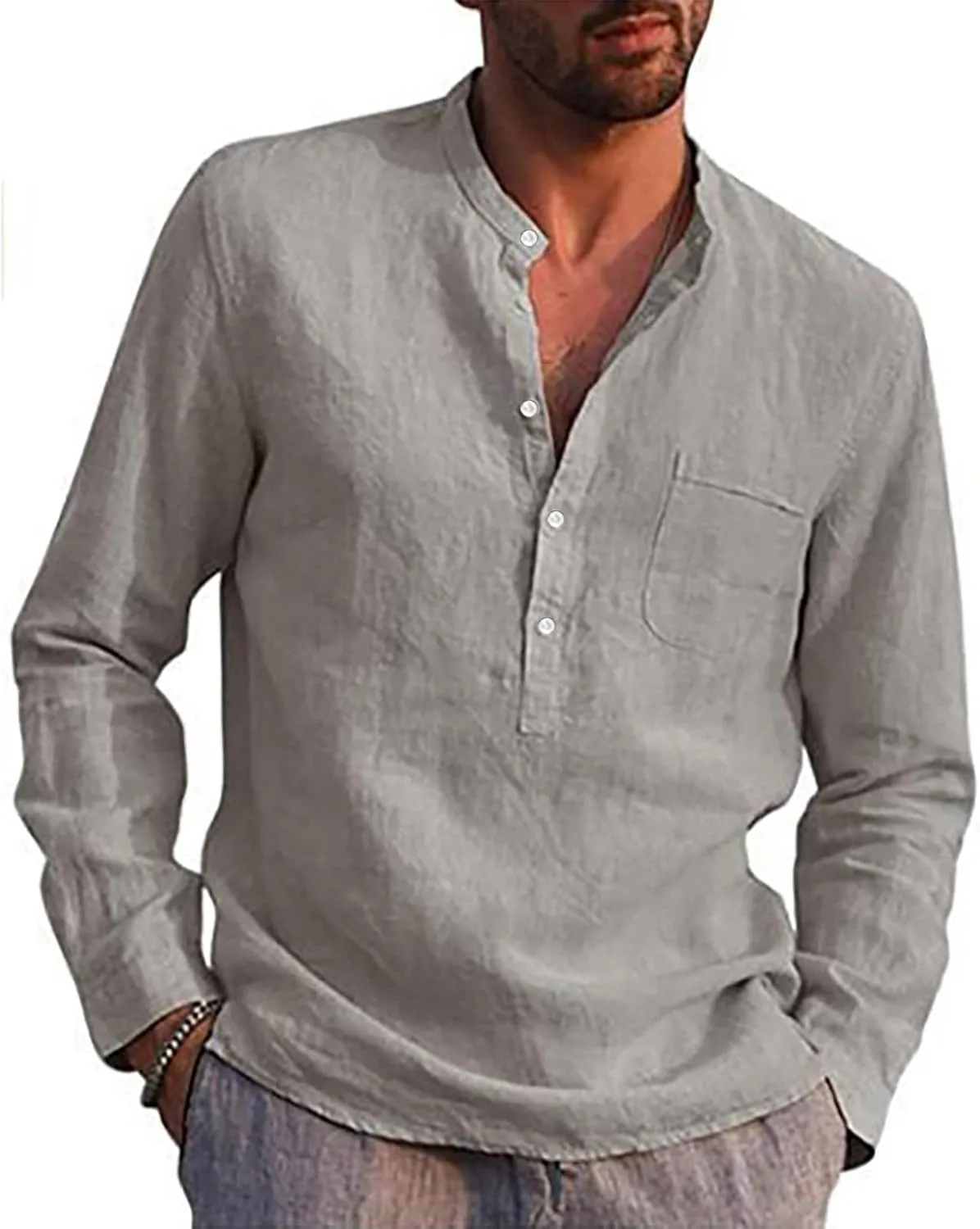 Ymosrh Long Sleeve Shirts Men's Casual Cotton Linen Solid Color Shirts Loose Stand Collar Shirts Dress for Men
