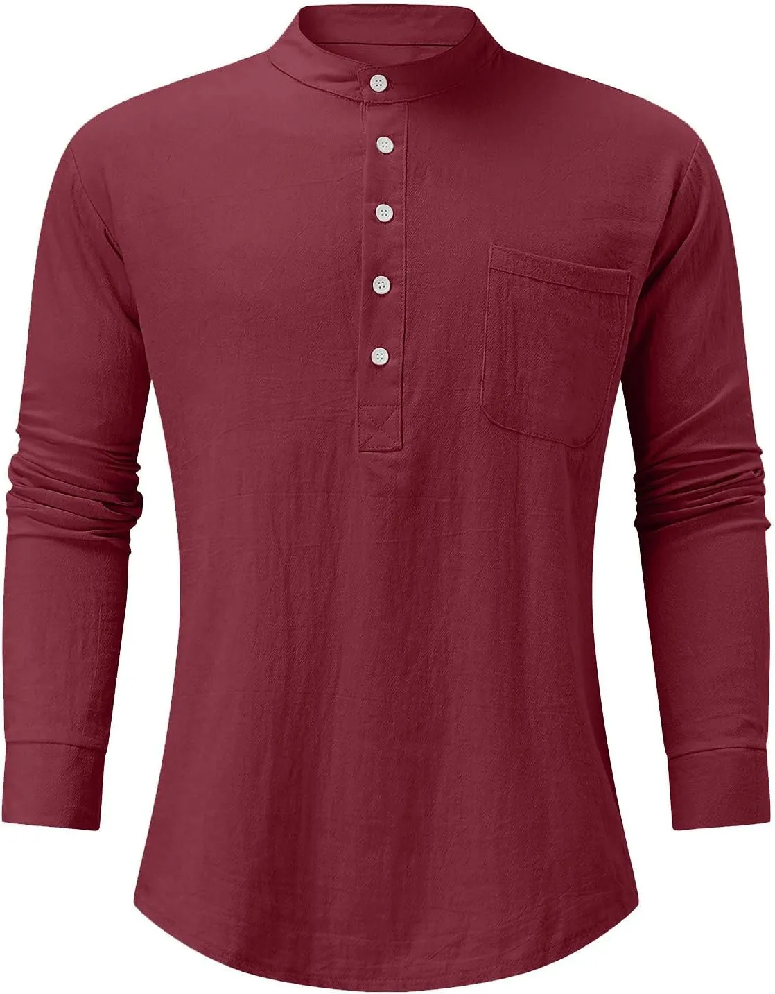 Ymosrh Long Sleeve Shirts Men's Casual Cotton Linen Solid Color Shirts Loose Stand Collar Shirts Dress for Men