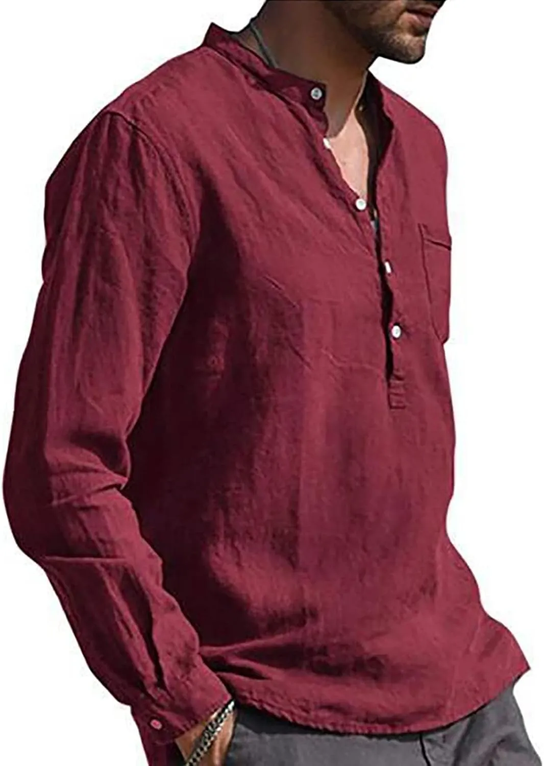 Ymosrh Long Sleeve Shirts Men's Casual Cotton Linen Solid Color Shirts Loose Stand Collar Shirts Dress for Men