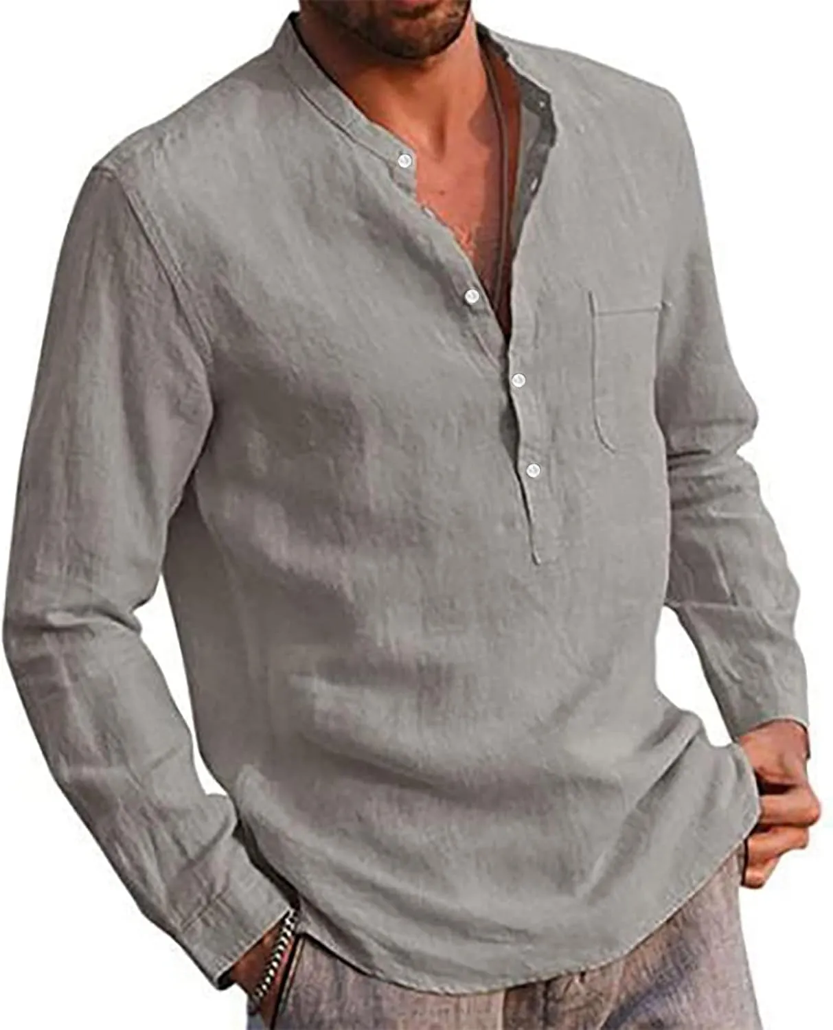 Ymosrh Long Sleeve Shirts Men's Casual Cotton Linen Solid Color Shirts Loose Stand Collar Shirts Dress for Men