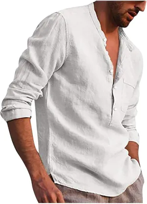 Ymosrh Long Sleeve Shirts Men's Casual Cotton Linen Solid Color Shirts Loose Stand Collar Shirts Dress for Men