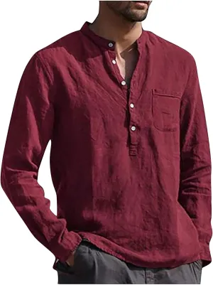 Ymosrh Long Sleeve Shirts Men's Casual Cotton Linen Solid Color Shirts Loose Stand Collar Shirts Dress for Men