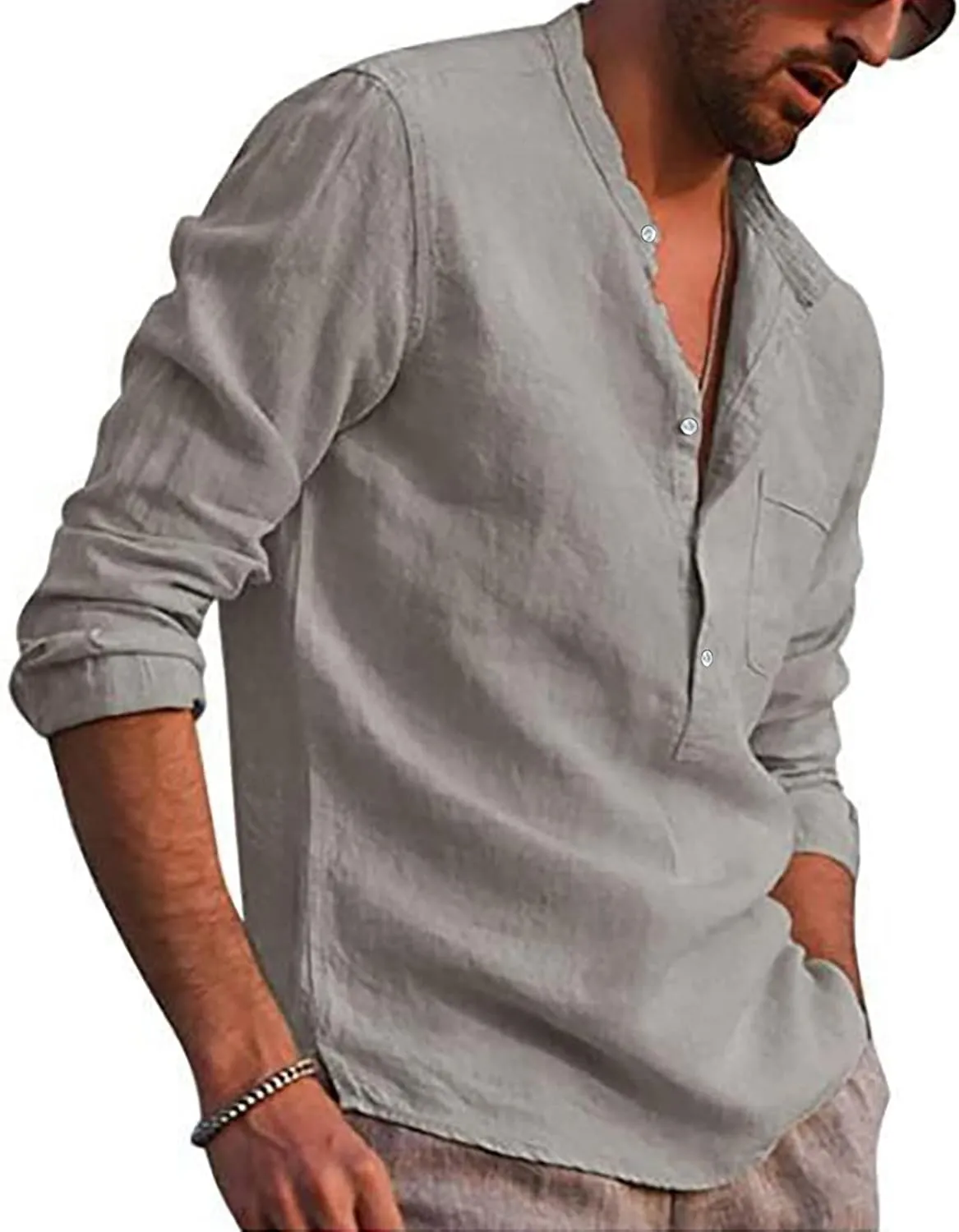 Ymosrh Long Sleeve Shirts Men's Casual Cotton Linen Solid Color Shirts Loose Stand Collar Shirts Dress for Men