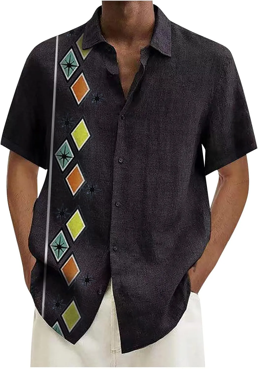 Ymosrh Men's Casual Button-Down Shirts Casual Cotton Linen Solid Color Short Sleeve Shirts Loose Casual Shirts, M-4XL