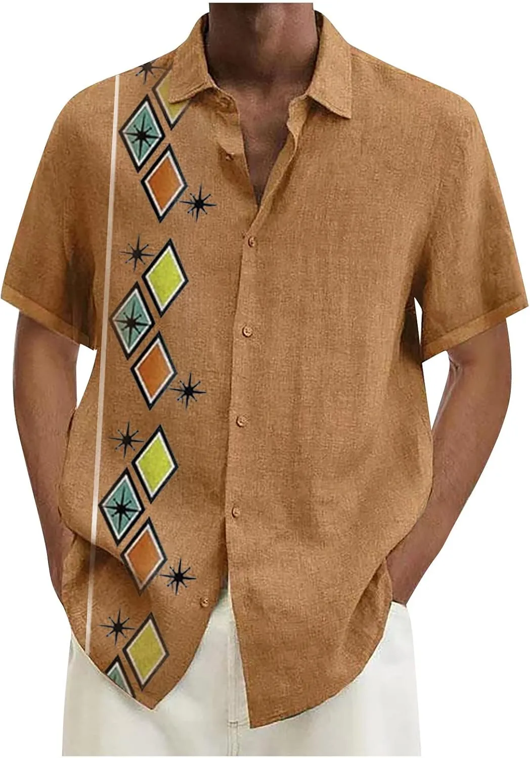 Ymosrh Men's Casual Button-Down Shirts Casual Cotton Linen Solid Color Short Sleeve Shirts Loose Casual Shirts, M-4XL