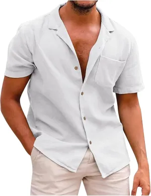 Ymosrh Men's Shirts Summer Casual Cotton Linen Solid Color Short Sleeve Shirts Loose Casual Button-Down Shirts, S-2XL