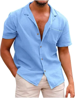 Ymosrh Men's Shirts Summer Casual Cotton Linen Solid Color Short Sleeve Shirts Loose Casual Button-Down Shirts, S-2XL