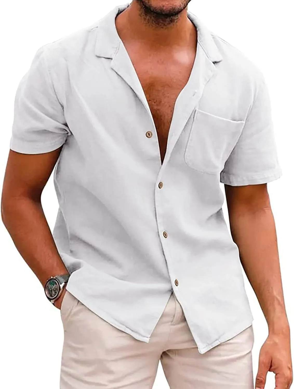 Ymosrh Men's Shirts Summer Casual Cotton Linen Solid Color Short Sleeve Shirts Loose Casual Button-Down Shirts, S-2XL