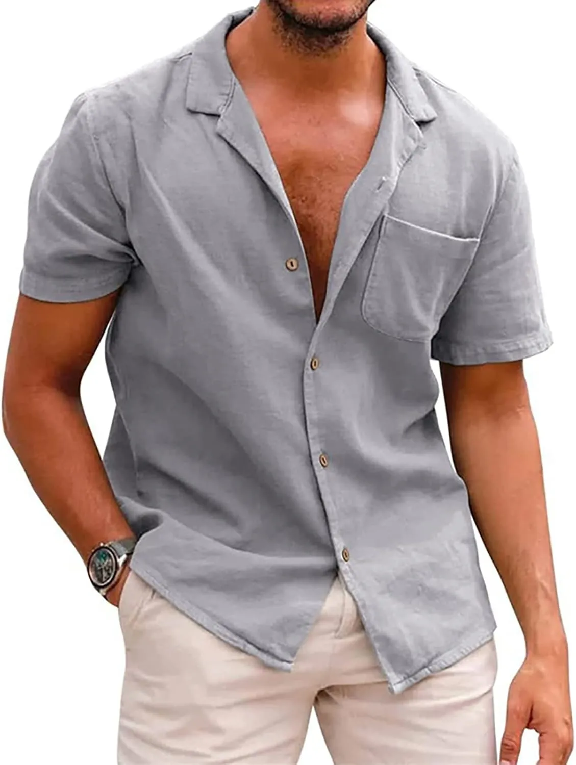 Ymosrh Men's Shirts Summer Casual Cotton Linen Solid Color Short Sleeve Shirts Loose Casual Button-Down Shirts, S-2XL