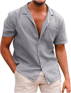 Ymosrh Men's Shirts Summer Casual Cotton Linen Solid Color Short Sleeve Shirts Loose Casual Button-Down Shirts, S-2XL