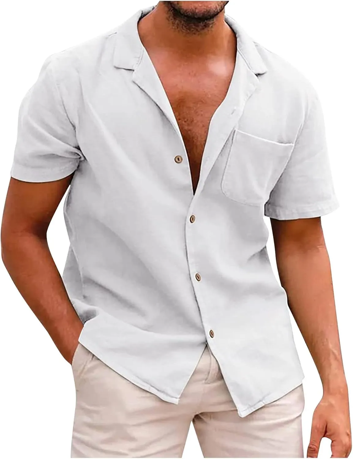 Ymosrh Men's Shirts Summer Casual Cotton Linen Solid Color Short Sleeve Shirts Loose Casual Button-Down Shirts, S-2XL