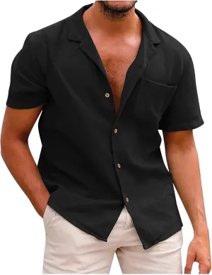 Ymosrh Men's Shirts Summer Casual Cotton Linen Solid Color Short Sleeve Shirts Loose Casual Button-Down Shirts, S-2XL