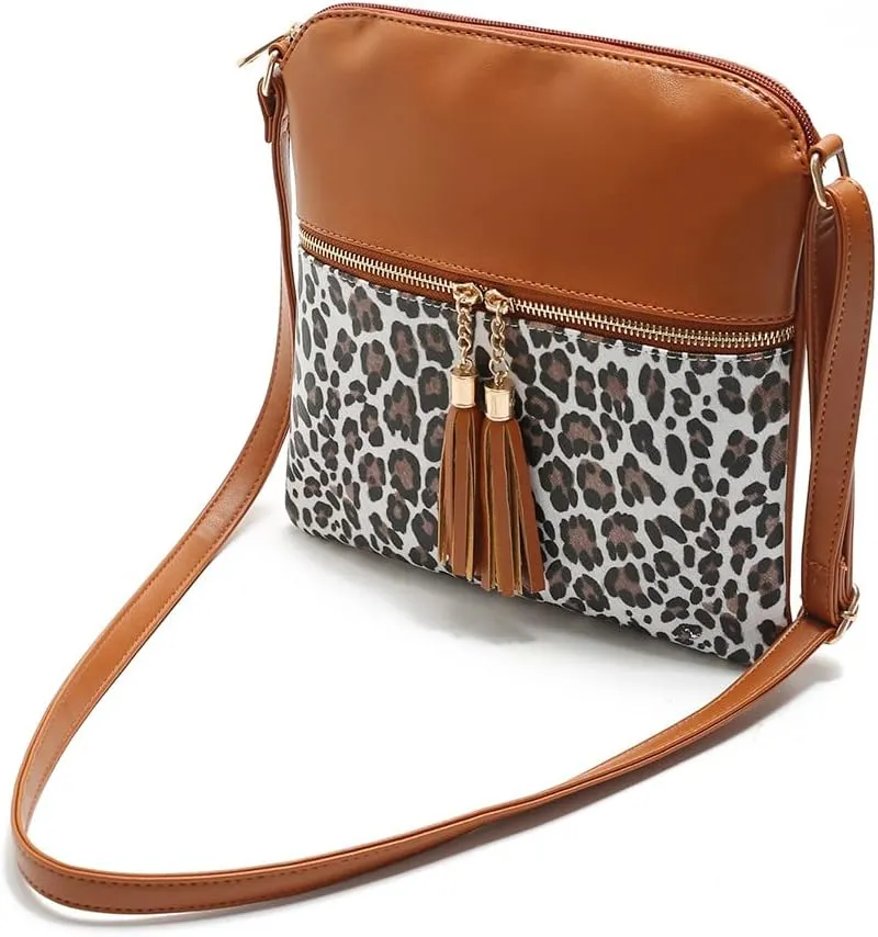 Yohora Crossbody Bag for Women Lightweight Leopard Print Shoulder Purse Leather Roomy Satchel with Tassel