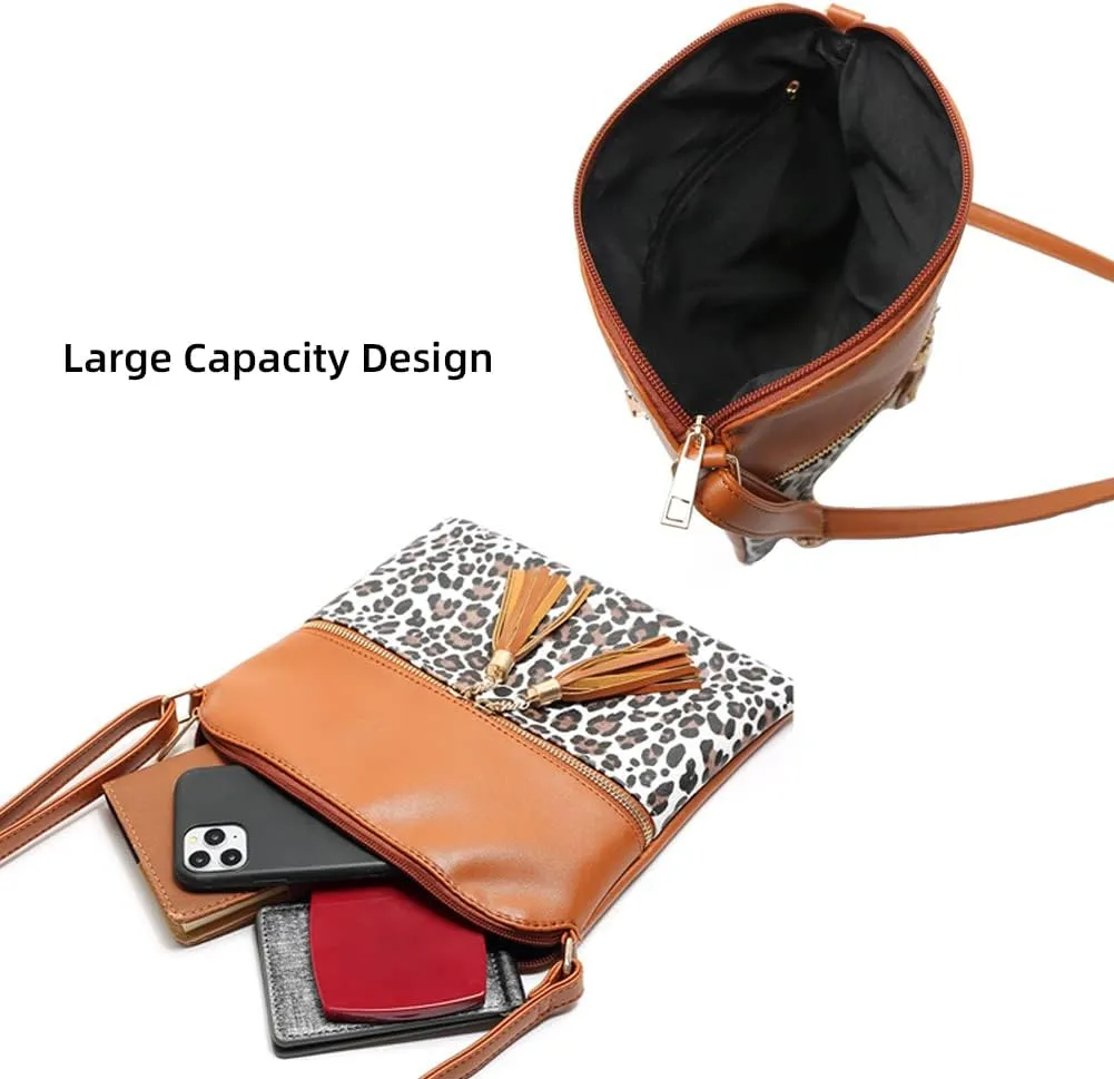 Yohora Crossbody Bag for Women Lightweight Leopard Print Shoulder Purse Leather Roomy Satchel with Tassel