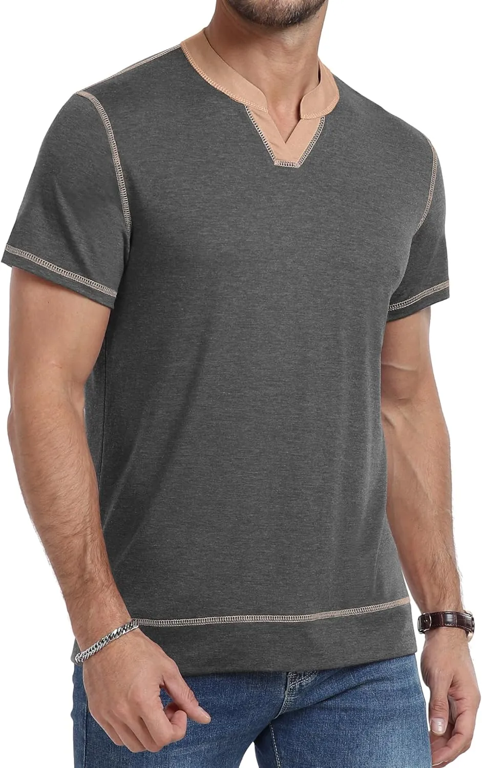 YTD Mens Henley Shirts Short Sleeve Casual V Neck Basic Tee Shirts Summer Vintage T-Shirts