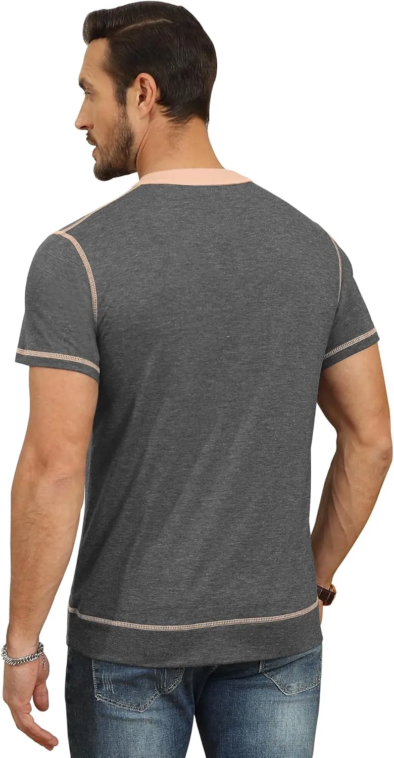 YTD Mens Henley Shirts Short Sleeve Casual V Neck Basic Tee Shirts Summer Vintage T-Shirts