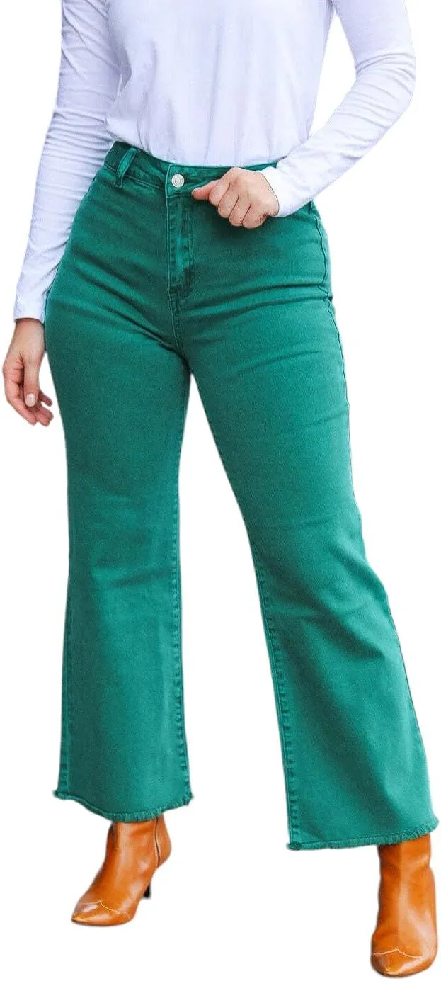Zenana Colored Denim Wide Leg Cropped Frayed Hem Jeans