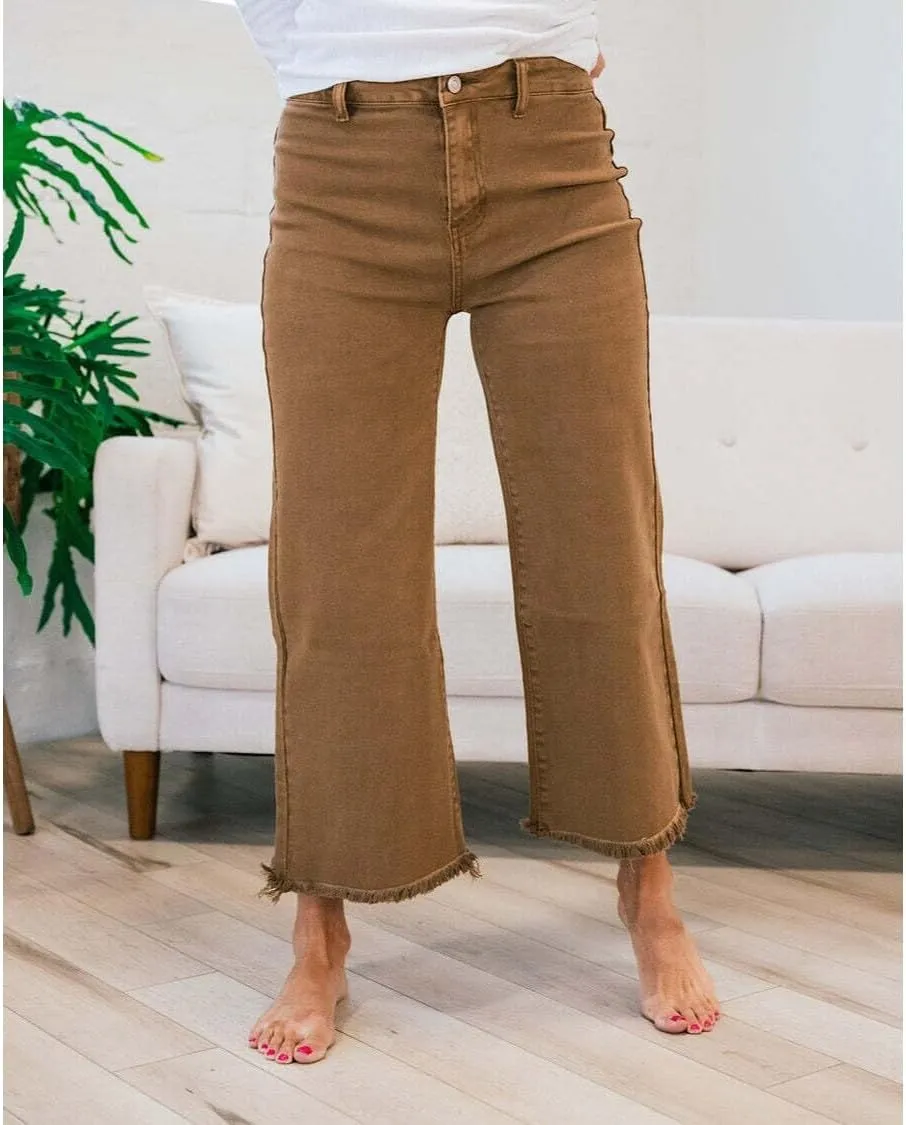 Zenana Colored Denim Wide Leg Cropped Frayed Hem Jeans