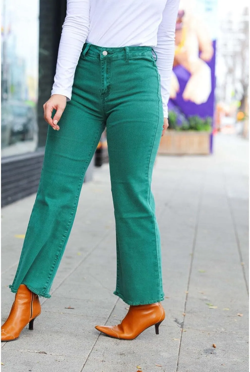 Zenana Colored Denim Wide Leg Cropped Frayed Hem Jeans