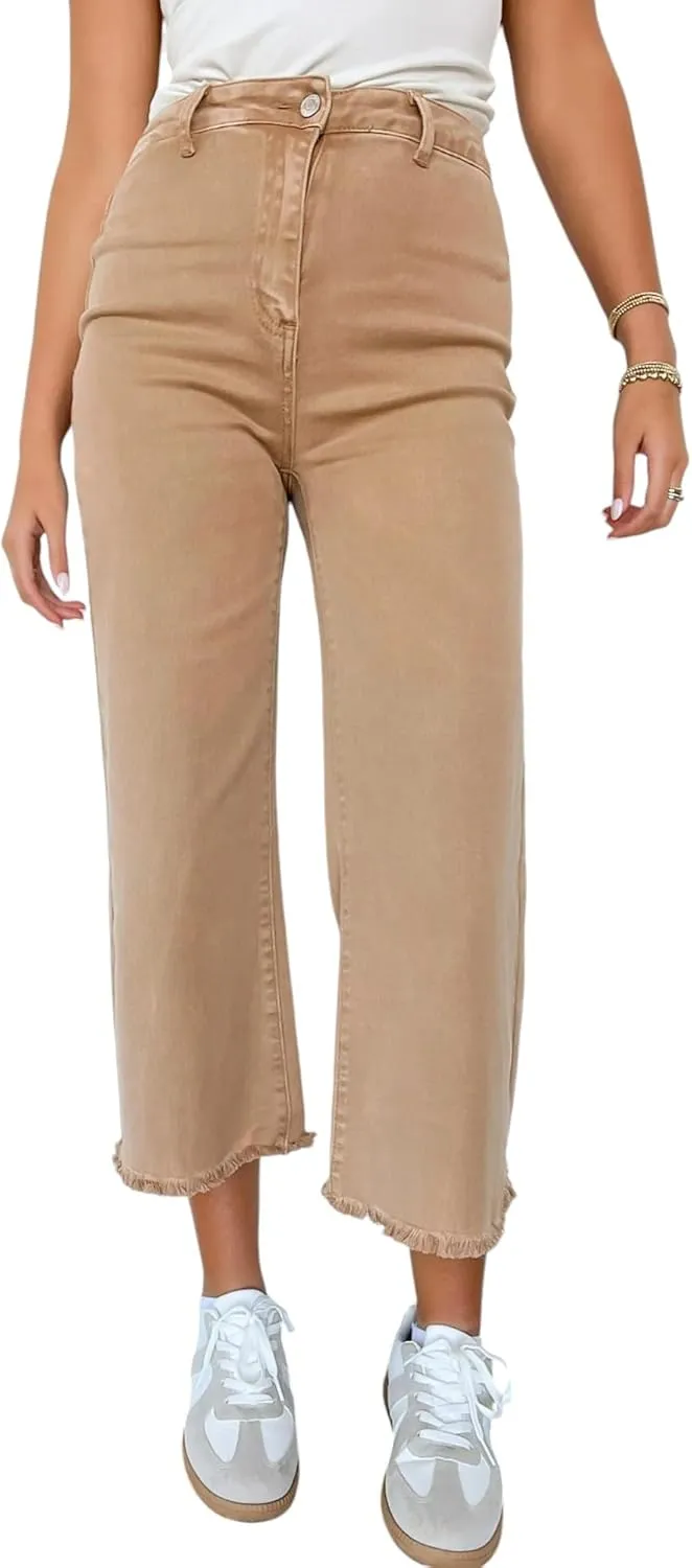 Zenana Colored Denim Wide Leg Cropped Frayed Hem Jeans