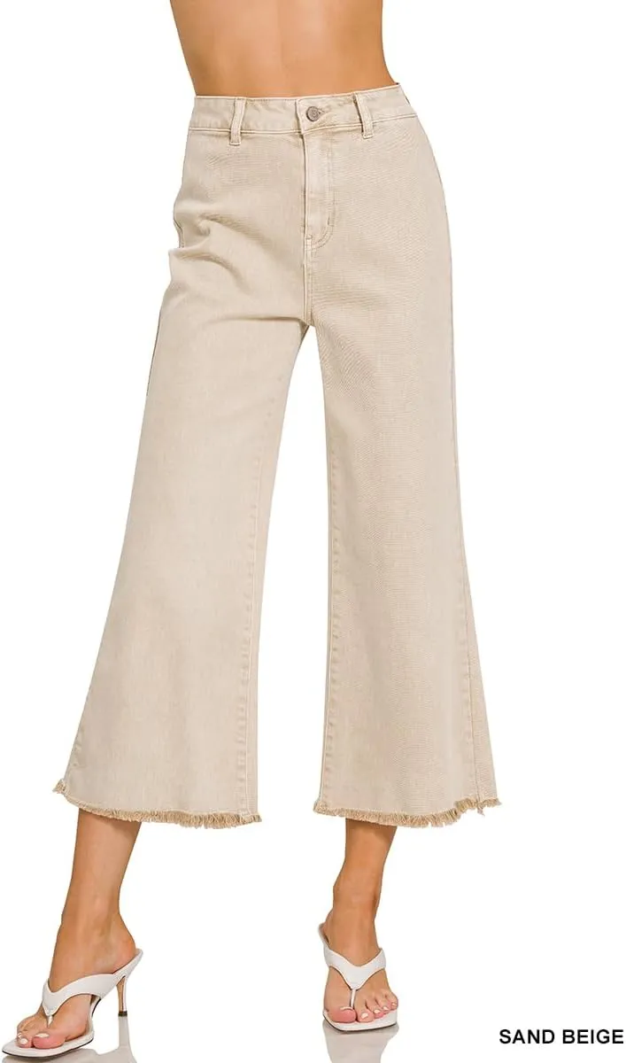 Zenana Colored Denim Wide Leg Cropped Frayed Hem Jeans