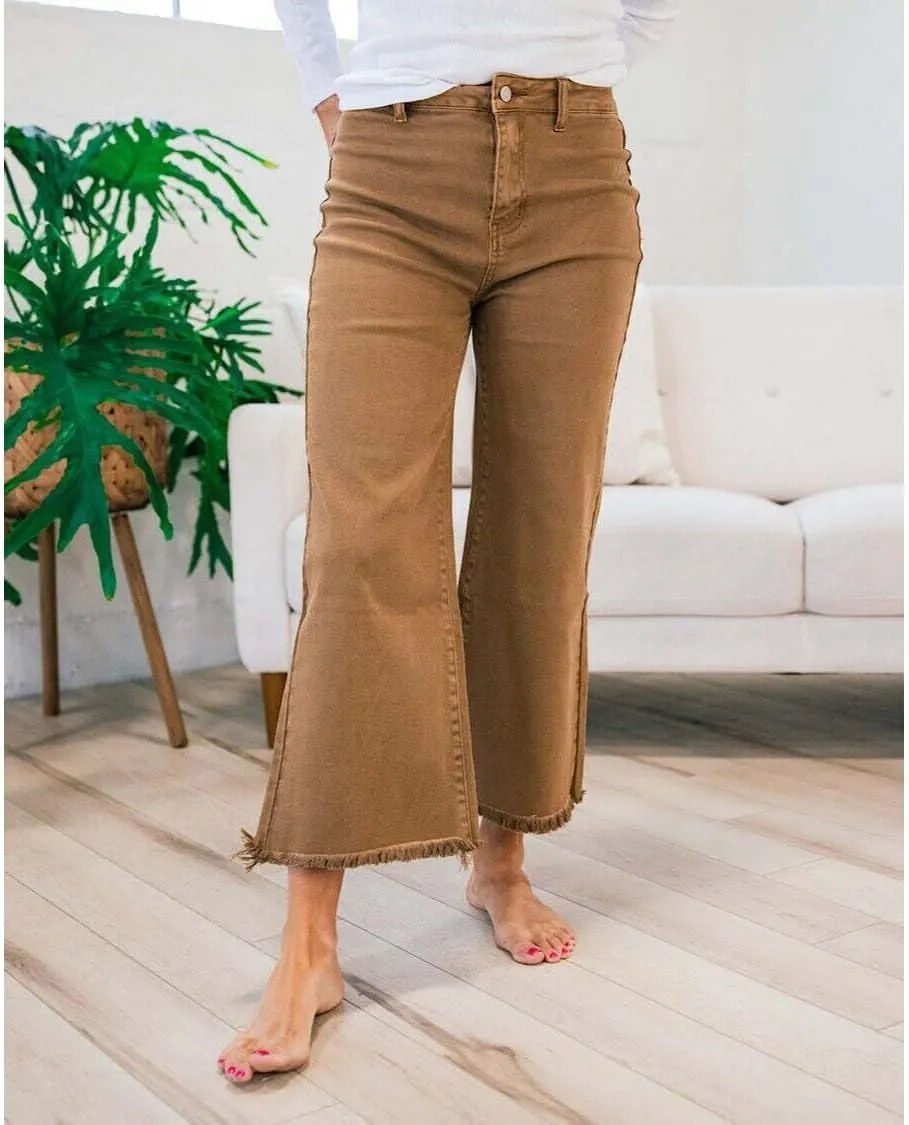 Zenana Colored Denim Wide Leg Cropped Frayed Hem Jeans