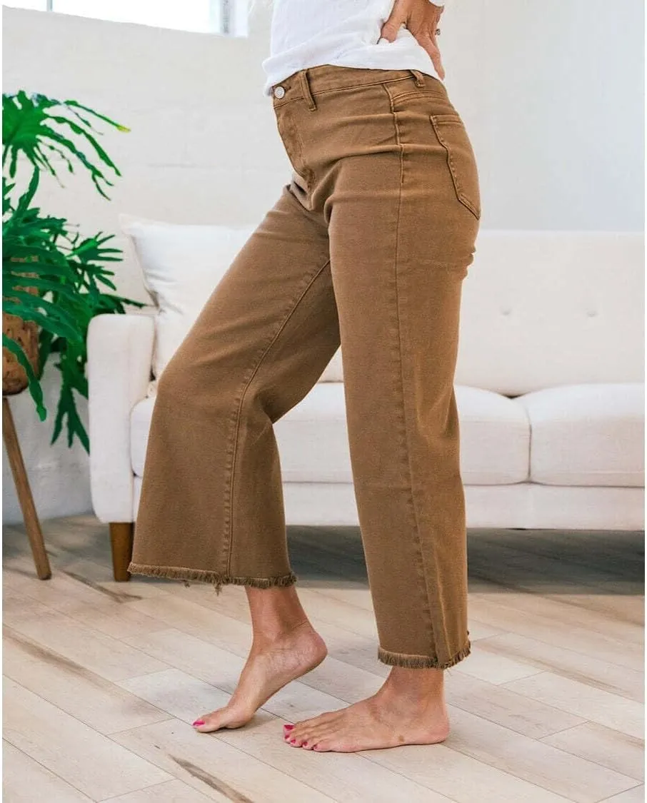 Zenana Colored Denim Wide Leg Cropped Frayed Hem Jeans