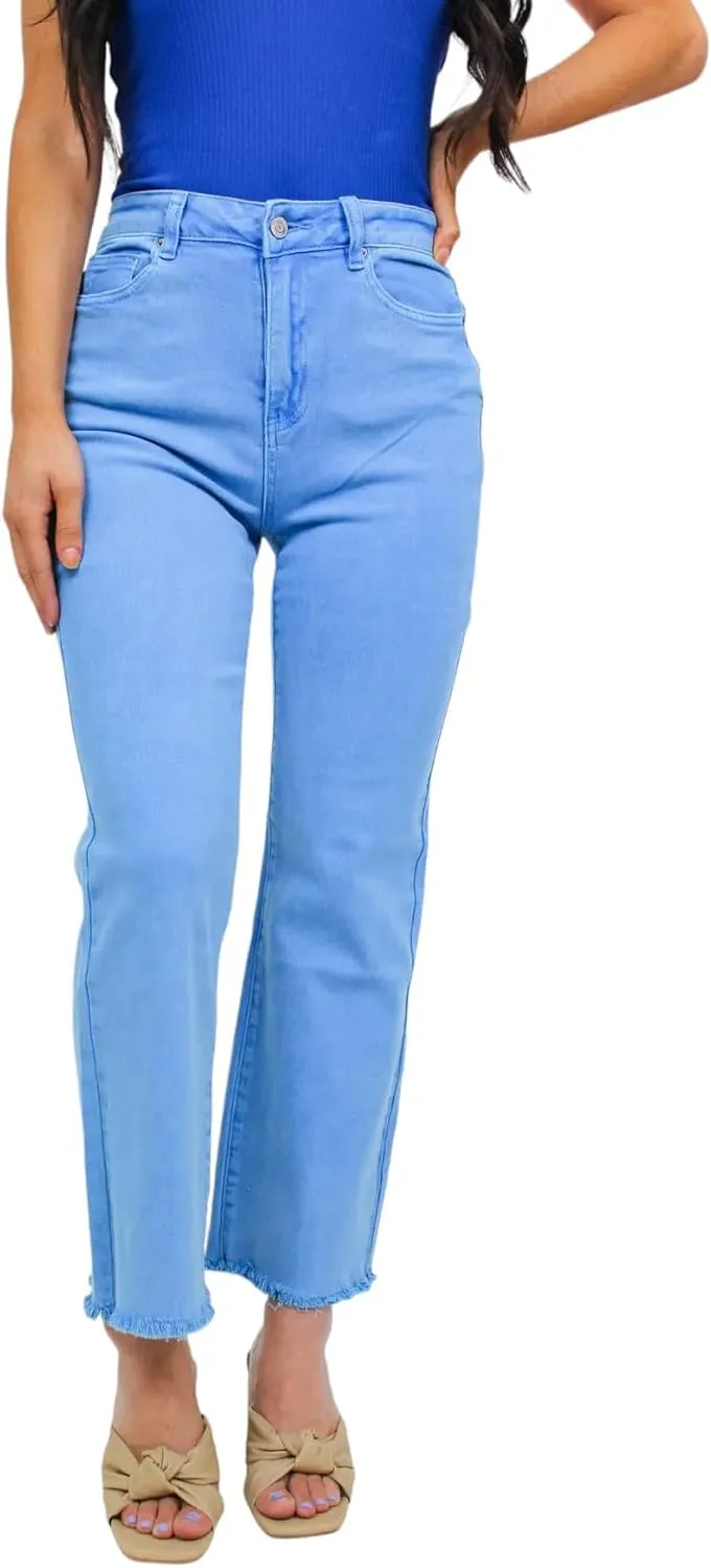 Zenana Colored Denim Wide Leg Cropped Frayed Hem Jeans