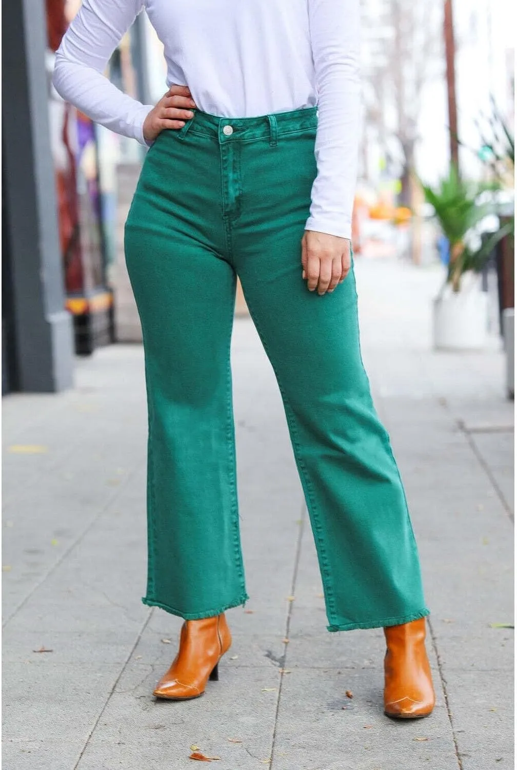 Zenana Colored Denim Wide Leg Cropped Frayed Hem Jeans