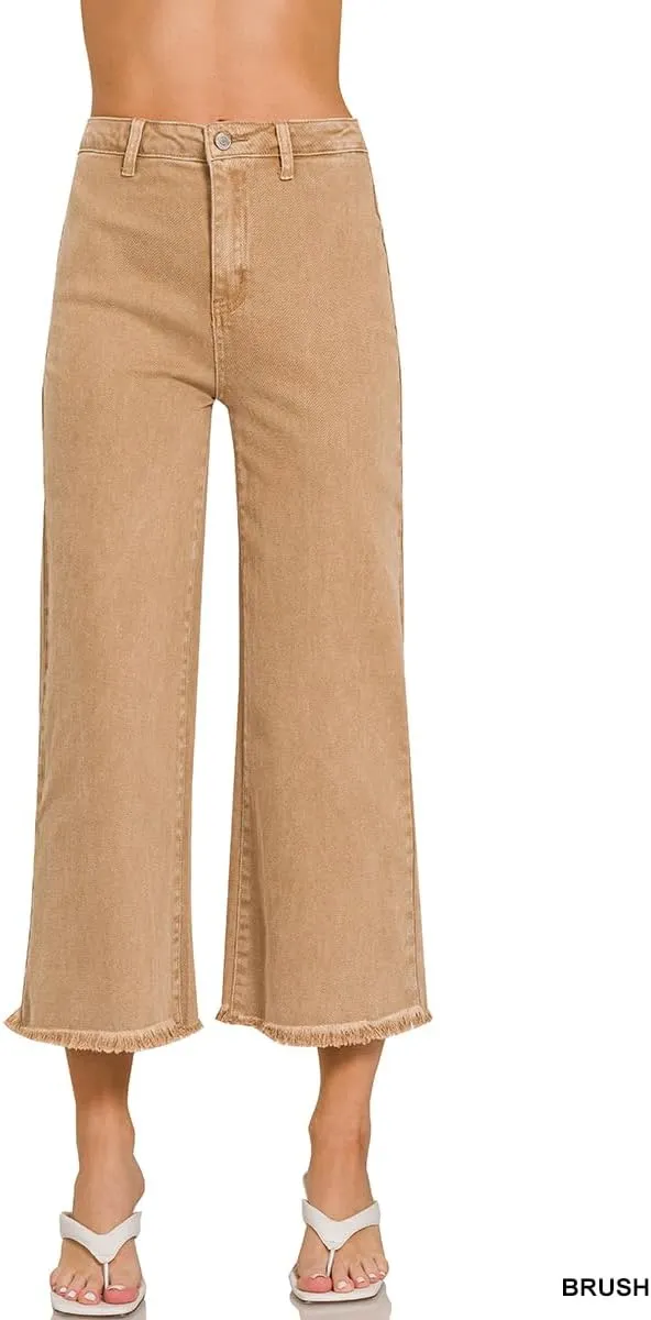 Zenana Colored Denim Wide Leg Cropped Frayed Hem Jeans
