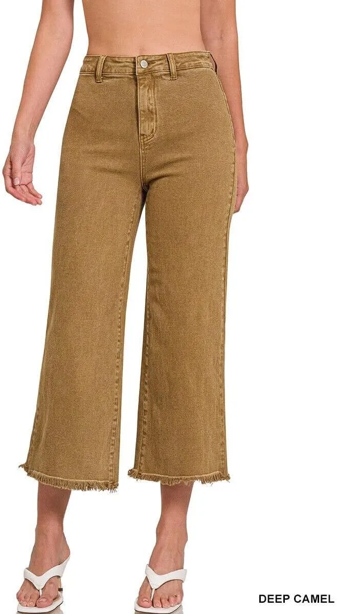 Zenana Colored Denim Wide Leg Cropped Frayed Hem Jeans