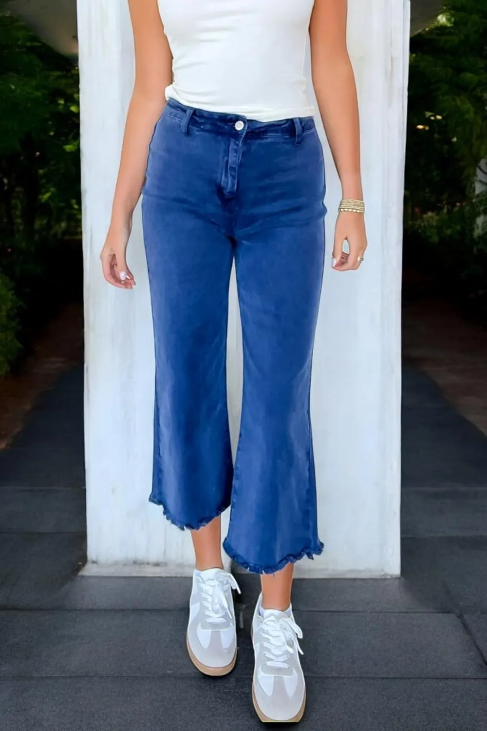 Zenana Colored Denim Wide Leg Cropped Frayed Hem Jeans