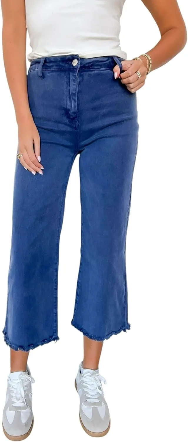 Zenana Colored Denim Wide Leg Cropped Frayed Hem Jeans