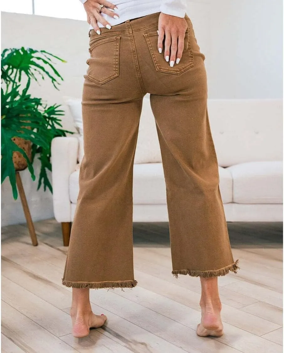 Zenana Colored Denim Wide Leg Cropped Frayed Hem Jeans