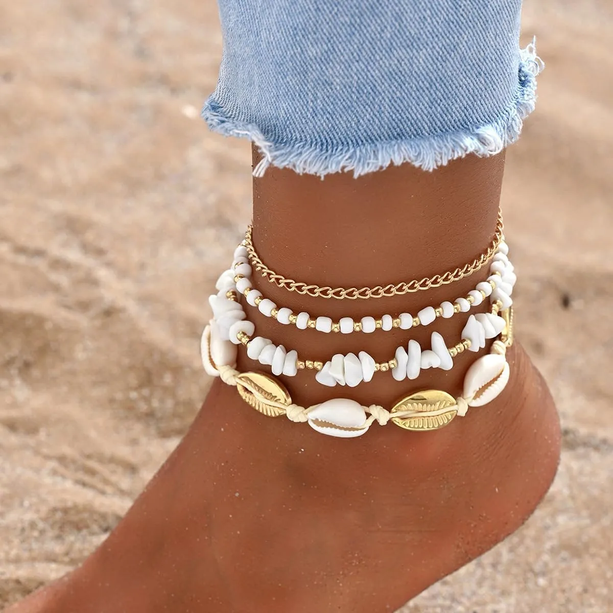 ZMANYIJEW Shell Ankle Bracelet Set for Women, Boho Pearl Adjustable Anklet,Beaded Layered Ankles Bracelets Shell Pendant Elastic Foot Chain Anklets for Women