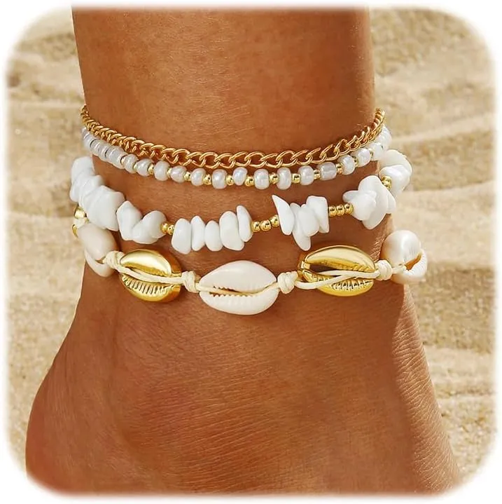 ZMANYIJEW Shell Ankle Bracelet Set for Women, Boho Pearl Adjustable Anklet,Beaded Layered Ankles Bracelets Shell Pendant Elastic Foot Chain Anklets for Women
