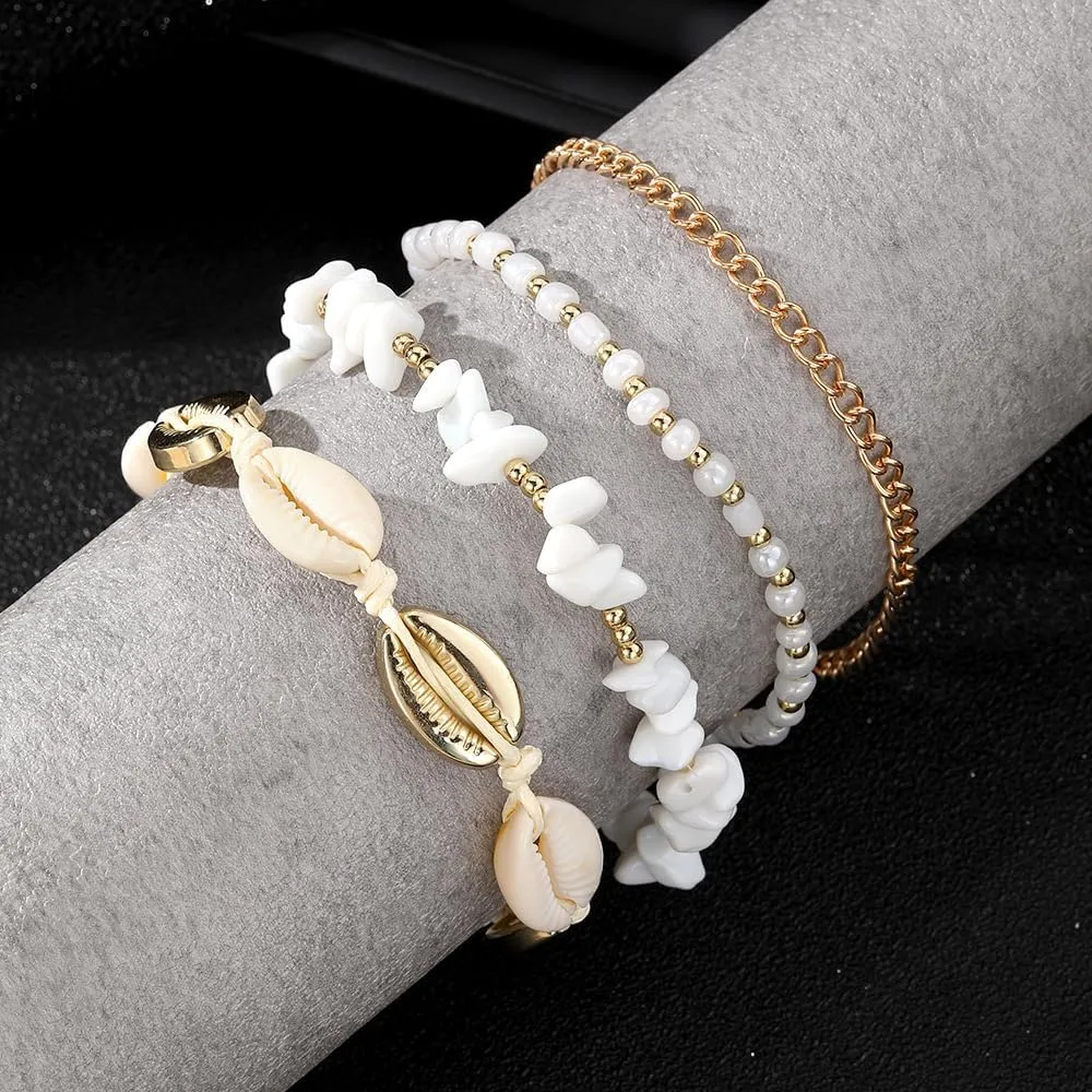 ZMANYIJEW Shell Ankle Bracelet Set for Women, Boho Pearl Adjustable Anklet,Beaded Layered Ankles Bracelets Shell Pendant Elastic Foot Chain Anklets for Women