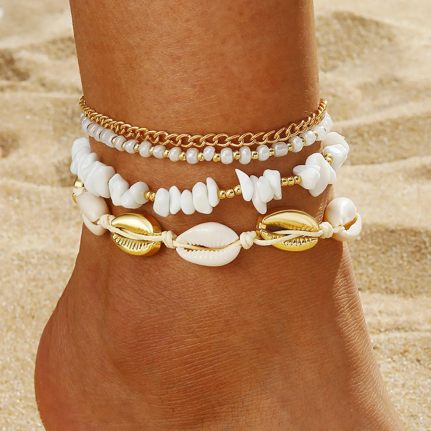 ZMANYIJEW Shell Ankle Bracelet Set for Women, Boho Pearl Adjustable Anklet,Beaded Layered Ankles Bracelets Shell Pendant Elastic Foot Chain Anklets for Women