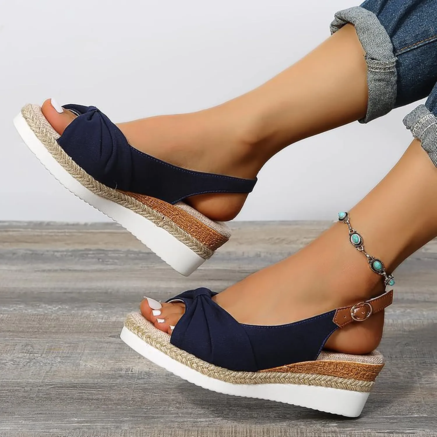 ZSpzx Orthopedic Sandals for Women,2025 Womens Espadrilles Wedge Sandal Comfortable Dressy Summer Open Toe Ankle Strap Platform Slip on Bow Knot Outdoor Shoes for Daily Wear