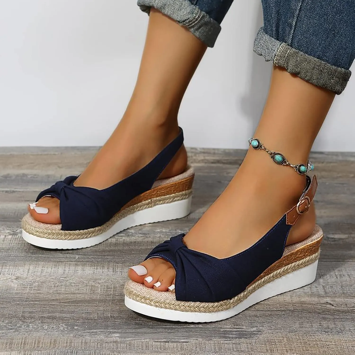 ZSpzx Orthopedic Sandals for Women,2025 Womens Espadrilles Wedge Sandal Comfortable Dressy Summer Open Toe Ankle Strap Platform Slip on Bow Knot Outdoor Shoes for Daily Wear