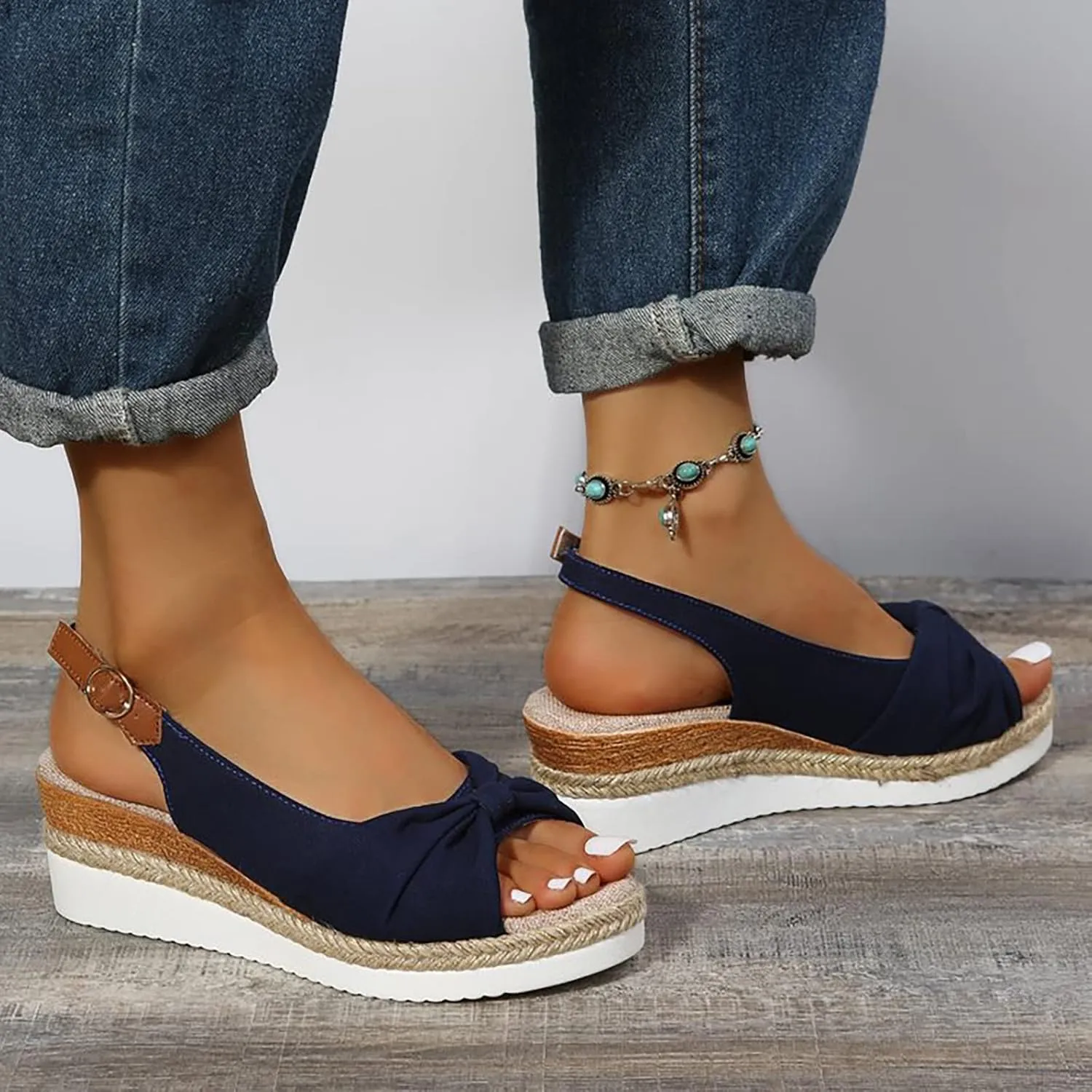 ZSpzx Orthopedic Sandals for Women,2025 Womens Espadrilles Wedge Sandal Comfortable Dressy Summer Open Toe Ankle Strap Platform Slip on Bow Knot Outdoor Shoes for Daily Wear