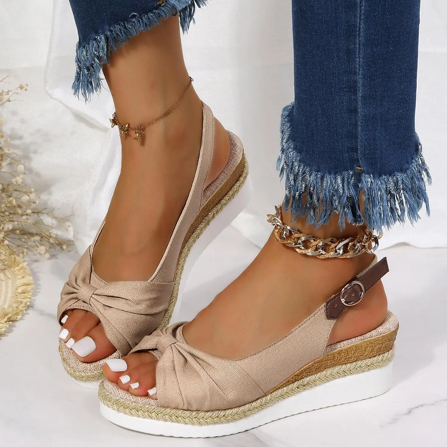ZSpzx Orthopedic Sandals for Women,Espadrille 2025 Dressy Summer Platform Womens Wedge Sandals Dressy Summer Bow Open Toe Ankle Strap Beach Casual Slip on Slippers Comfortable Walking Outdoor Shoes
