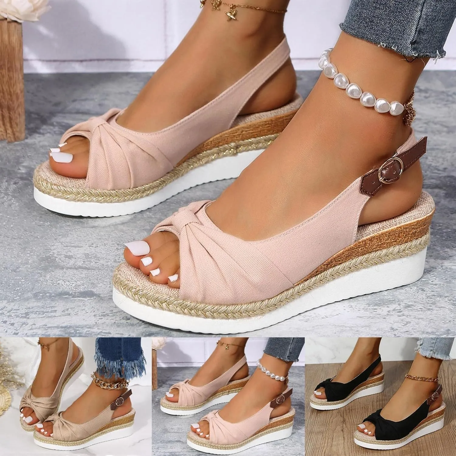 ZSpzx Orthopedic Sandals for Women,Espadrille 2025 Dressy Summer Platform Womens Wedge Sandals Dressy Summer Bow Open Toe Ankle Strap Beach Casual Slip on Slippers Comfortable Walking Outdoor Shoes