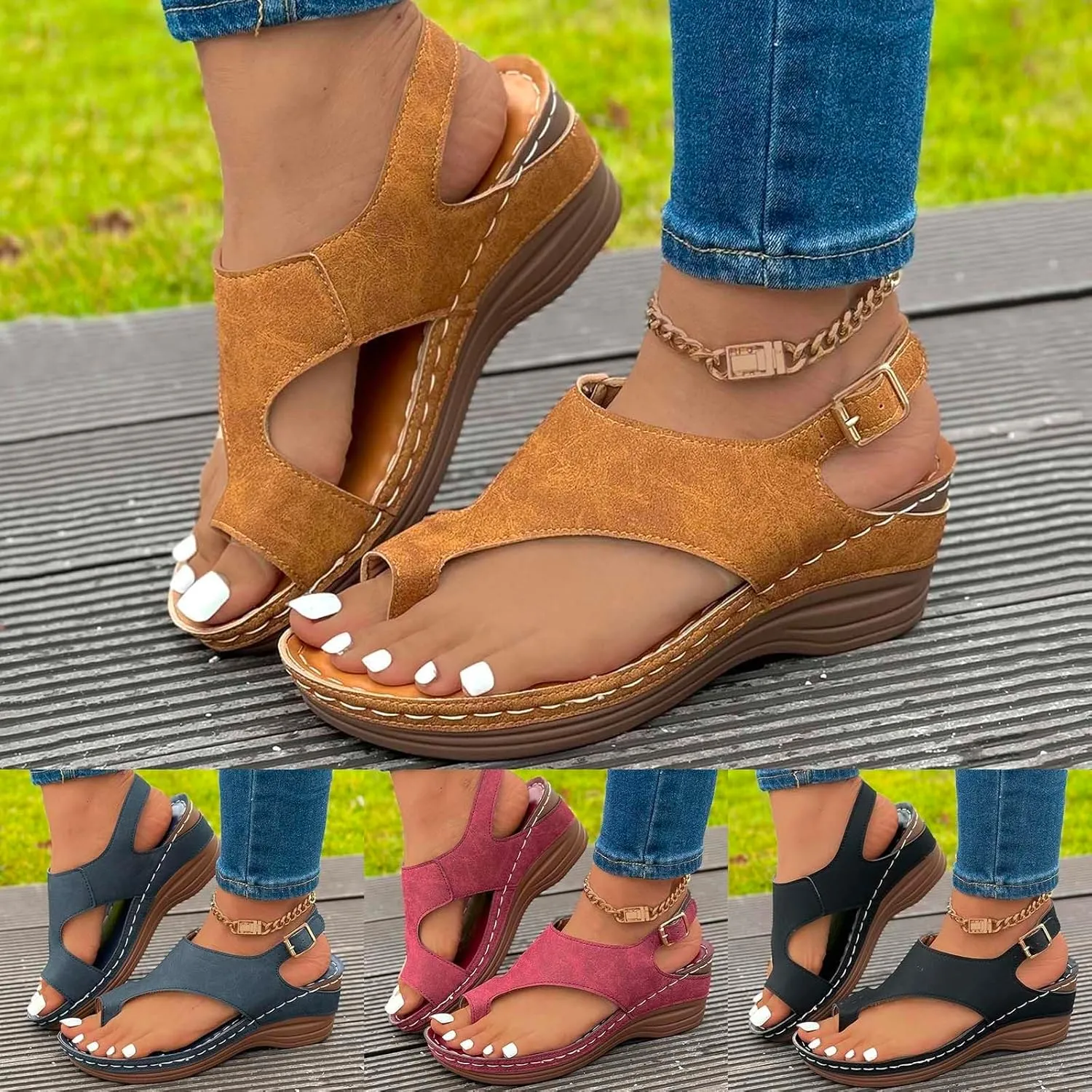 ZSpzx Women's Orthopedic Sandals Dressy Summer Foot Arch Support Mid Heels Split Toe Comfortable Cushioned Sandal Womens Wedges Walking Plantar Fasciitis Low Heel Outdoor Shoes for Daily Wear