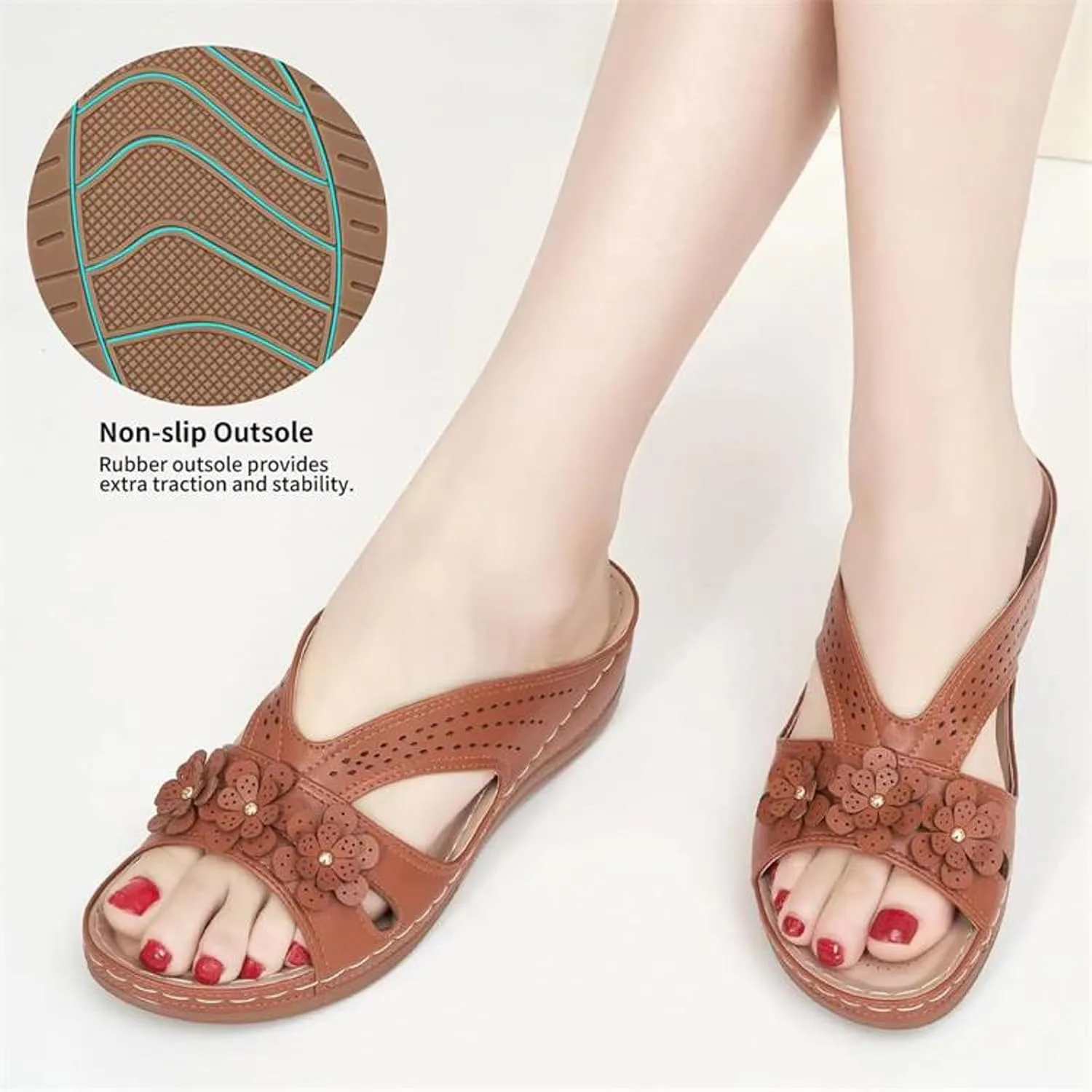 ZSpzx Women's Orthotic Cushion Flip Flops Orthopedic Sandals for Women Arch Support Wedge Slide Dressy Summer Comfortable Slip On Flowers Outdoor Plantar Fasciitis Recovery Walking Beach Shoes