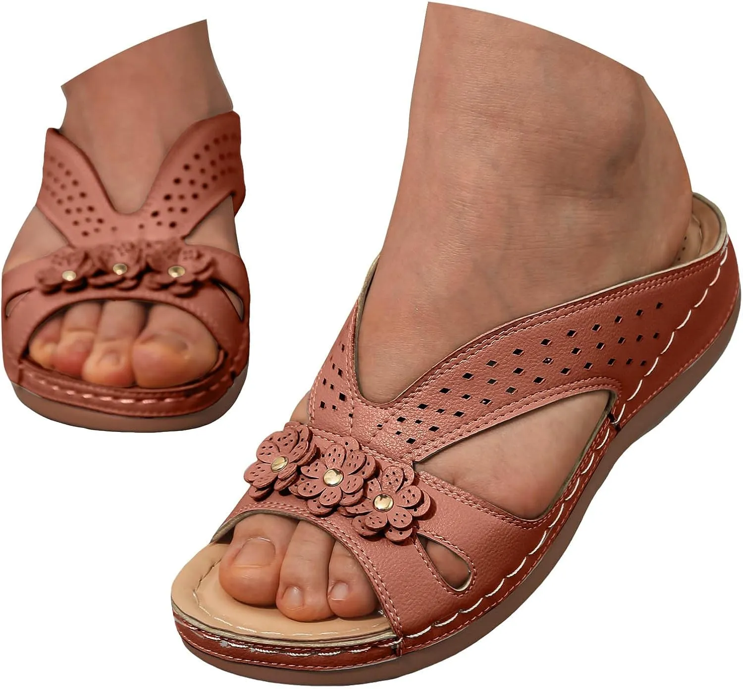 ZSpzx Women's Orthotic Cushion Flip Flops Orthopedic Sandals for Women Arch Support Wedge Slide Dressy Summer Comfortable Slip On Flowers Outdoor Plantar Fasciitis Recovery Walking Beach Shoes